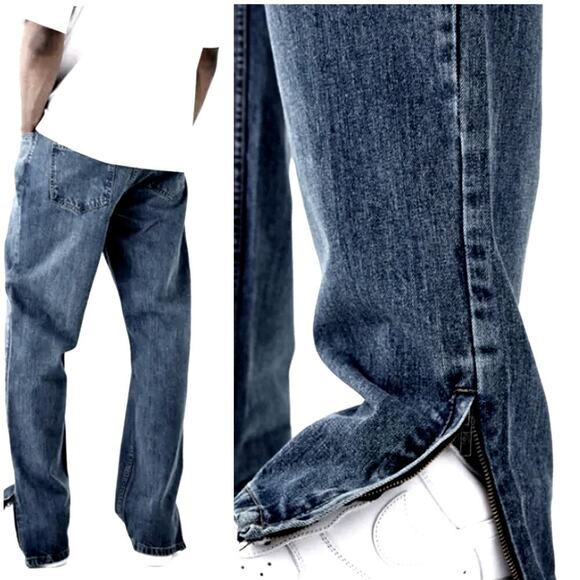 boohooMAN Relaxed Rigid Rip Blue Jeans Men Size 30 Tall New Button Fly Zip Hem - Picture 2 of 14